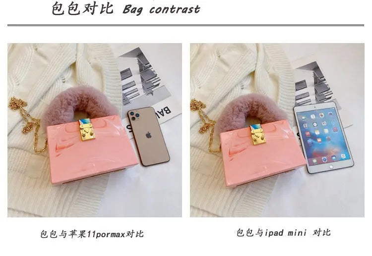 Faux Fur Top Handle Acrylic Party Box Clutch Fashion Purses and Handbags for Women Designer Evening Bag Chain Shoulder Bag
