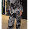 Casual Sets for Women 2 pieces Summer Fashion Printed Satin Two Piece Sets Women Sexy Round Neck Top+Wide Leg Long Pants Outfits