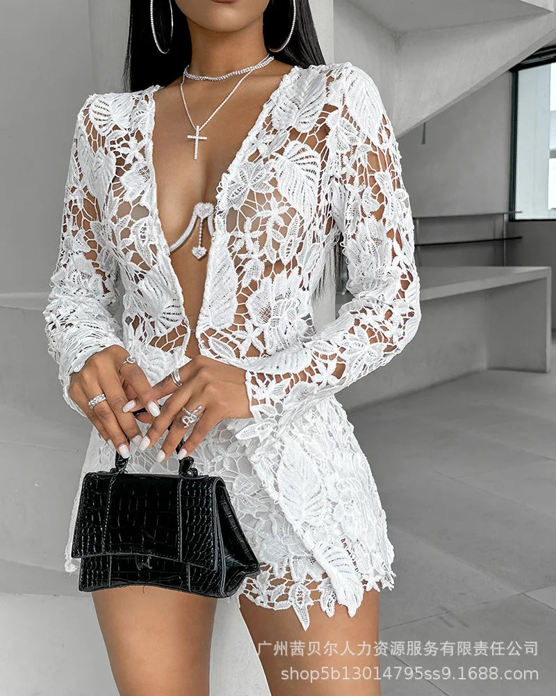 Women Sexy Short Sets Hollow Out Top Lace Spliced Full Sleeve Cardigan Solid Elegant Slim Fit Shirts High Street Summer 2024