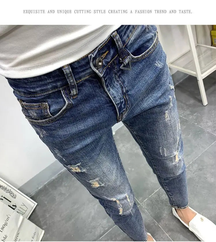 Men's Korean Style Classic Jeans 2023 New Blue Ripped Jeans for Men Fashion Trendy Summer Skinny Ripped Hole Cargo Trousers