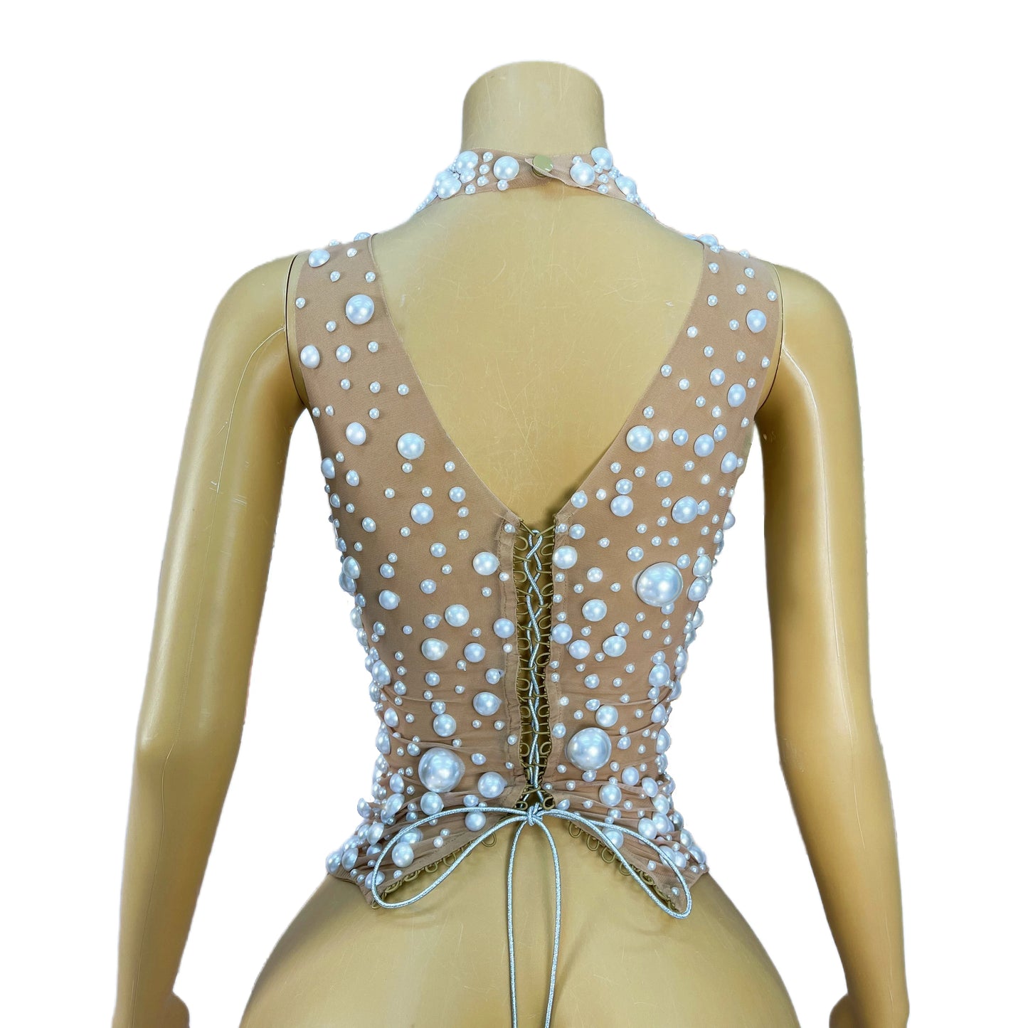 Nightclub Big Pearls Bandage Top Collection Party Shiny Rhinestones Sexy  Backless Singer Dancer Show Party Show Costume dazhu
