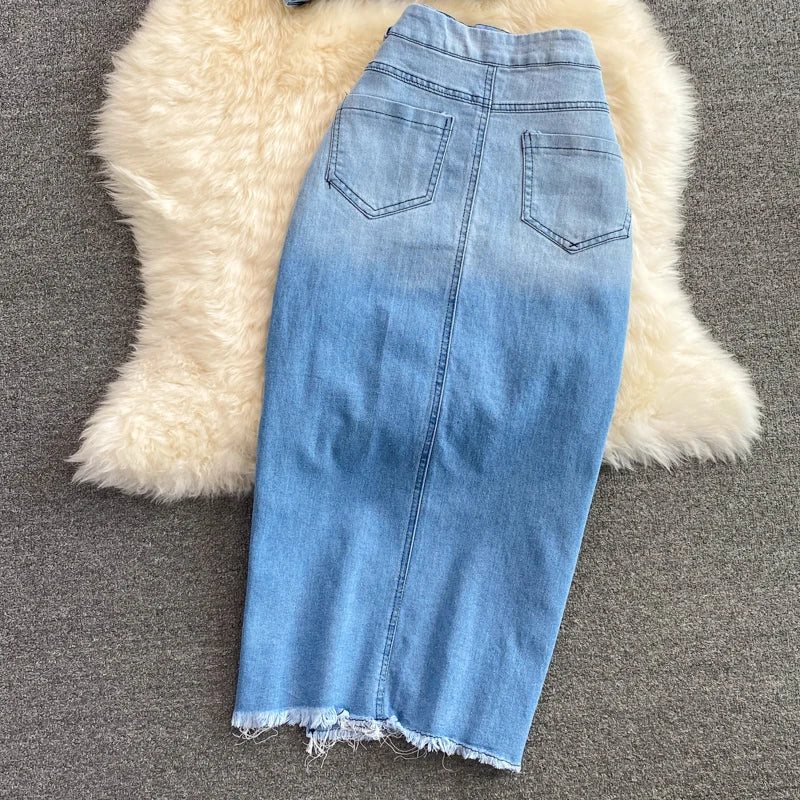 Women Denim 2 Piece Sets Long Skirt Top Suit Skirts Tops Single Breasted Outfits Washed Distressed 2025 Summer Casual Ensemble