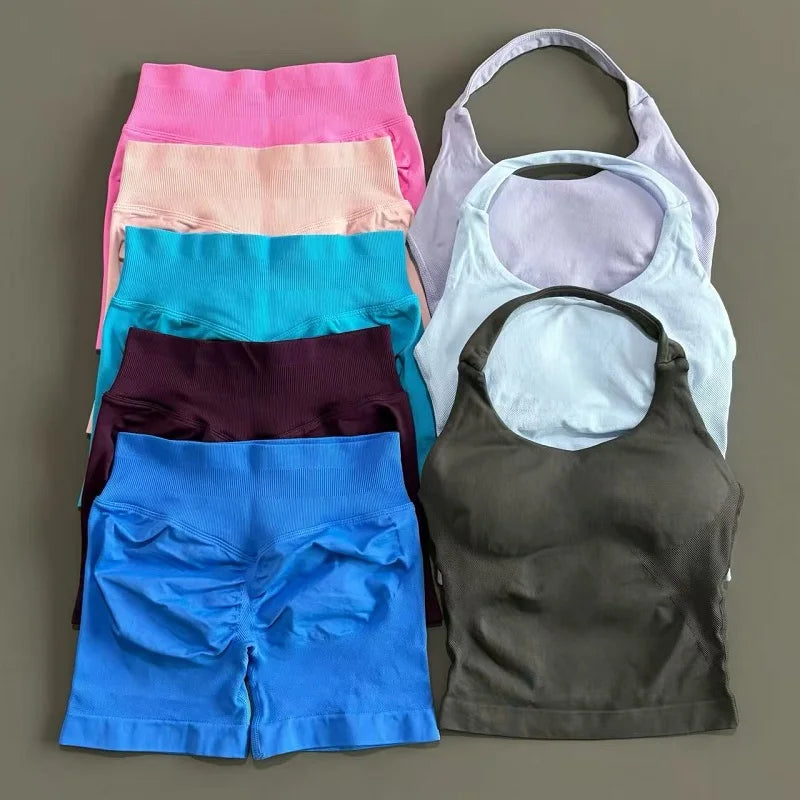 2 Pieces Sports Set Women Backless Halter Tops High Waist Seamless Hight Stretch Shorts Gym Suit Sportswear Workout Sets
