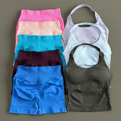 2 Pieces Sports Set Women Backless Halter Tops High Waist Seamless Hight Stretch Shorts Gym Suit Sportswear Workout Sets