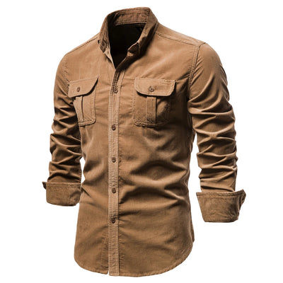 2021 Neues einreihiges Herrenhemd aus 100 % Baumwolle, Business Casual, modisches einfarbiges Cord-Herrenhemd, Herbst, Slim Fit Hemd für Herren