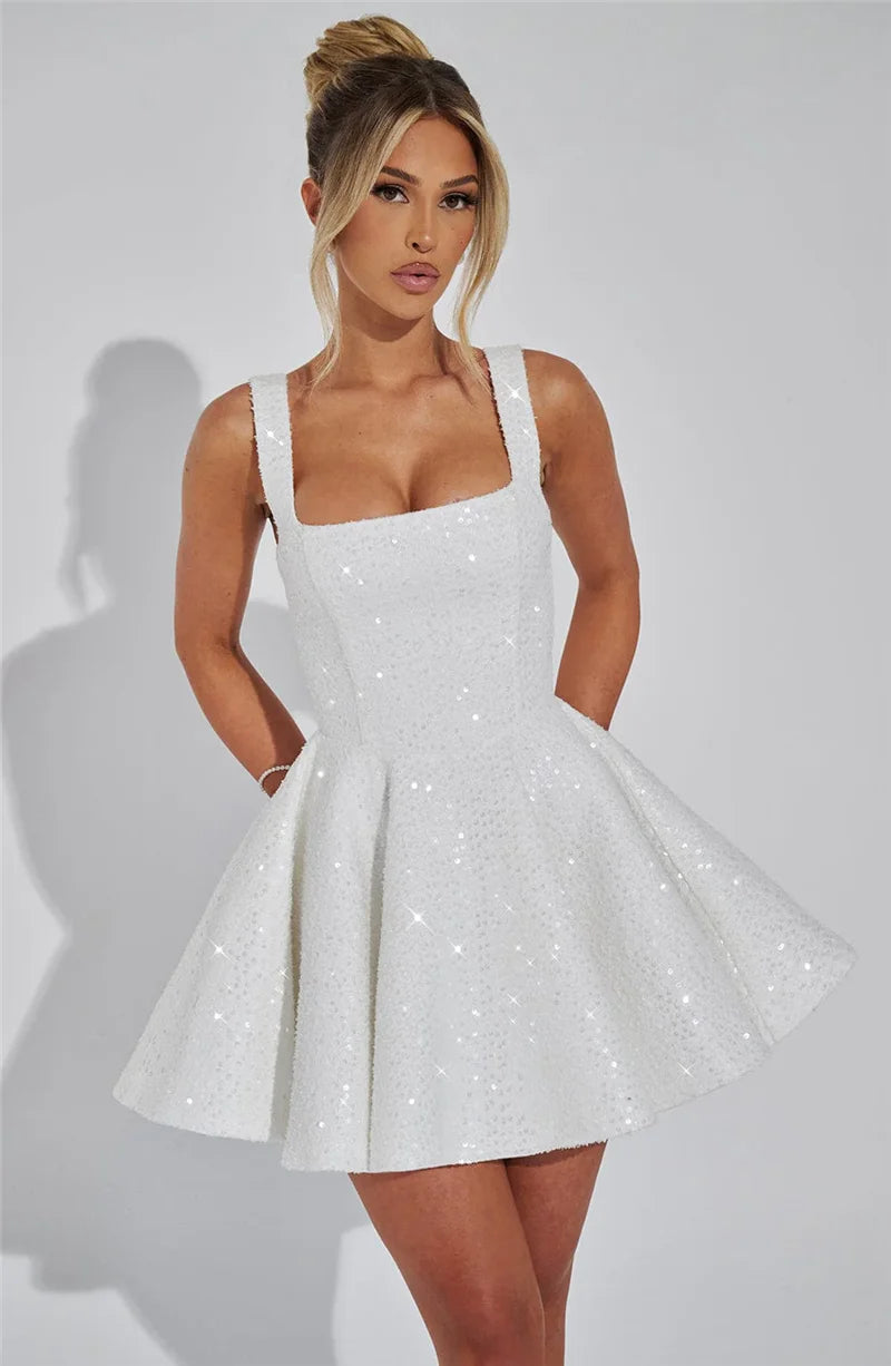 Mozision Pailletten-Kleid mit Schleife am Rücken, rückenfrei, sexy Mini-Kleid für Damen, modisches Etuikleid mit eckigem Ausschnitt, ärmellos, hohe Taille, A-Linie, Clubkleid