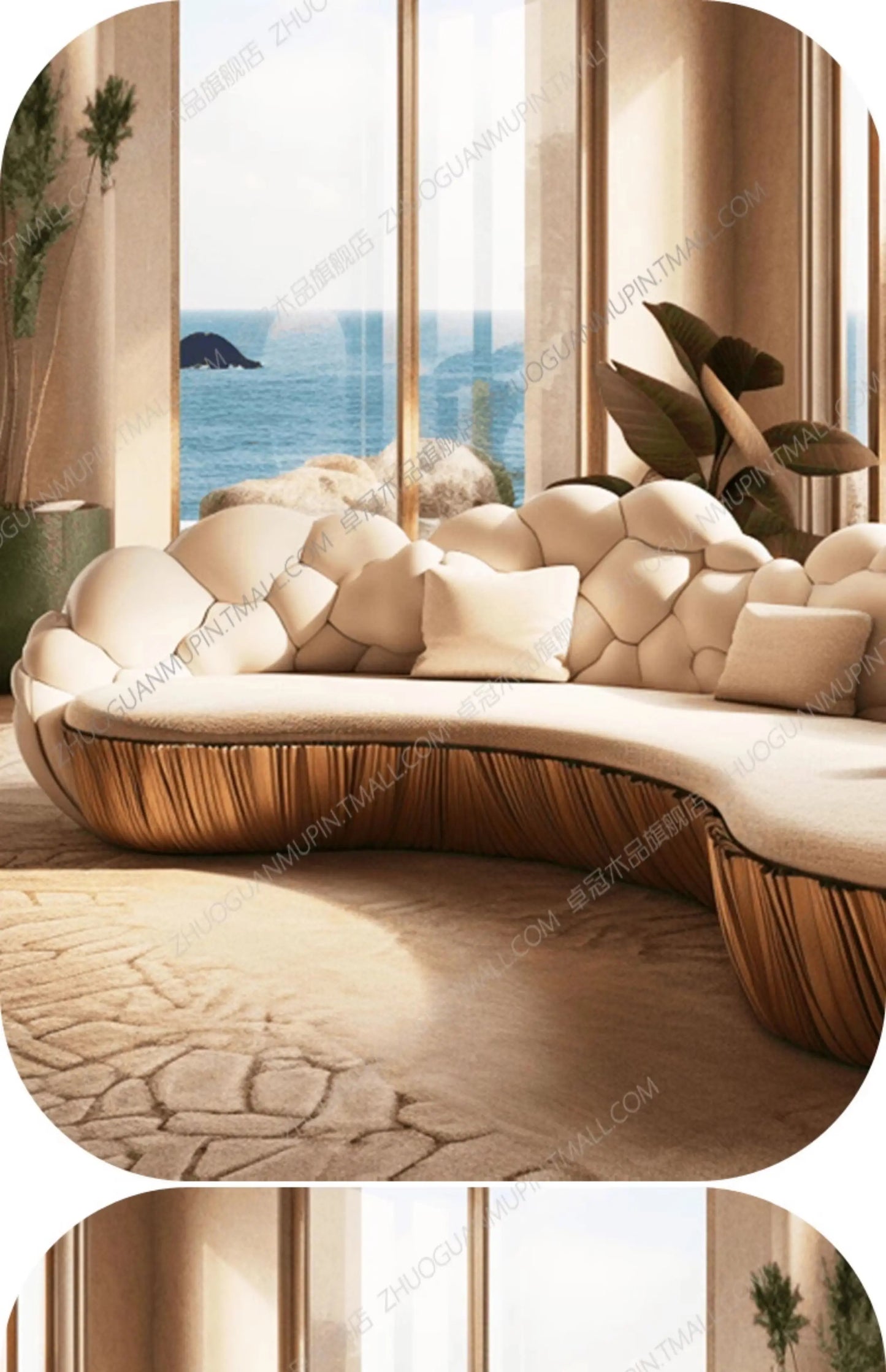 Französisches, leicht luxuriöses, halbkreisförmiges, geschwungenes Villa Wohnzimmer, kreatives Sofa, cremefarben, speziell geformt, Massivholz