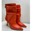 2025 Klassische Damenstiefel mit spitzer Zehe, ausgefallenen Absätzen, Nietenknopf und seitlichem Reißverschluss, einfarbig, hochhackige Schuhe, Botas Altas