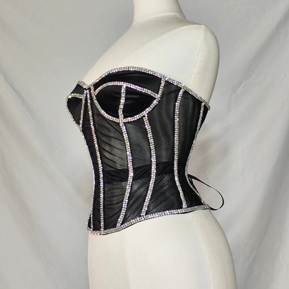 Women Abdomen Corset Crops with Bra Shiny Rhinestone Transparent Breathable Mesh Hand Made Bodices Push Up Bustiers Custom Made