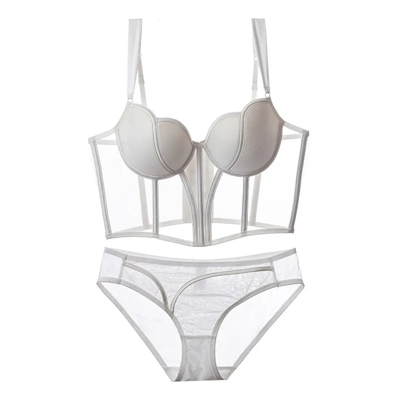 French Ladies Transparent Mesh Corset Sexy Shaper Thin Bra Set Night Club Sweet Cropped Top Girls Hot Bra and Panties Bralette