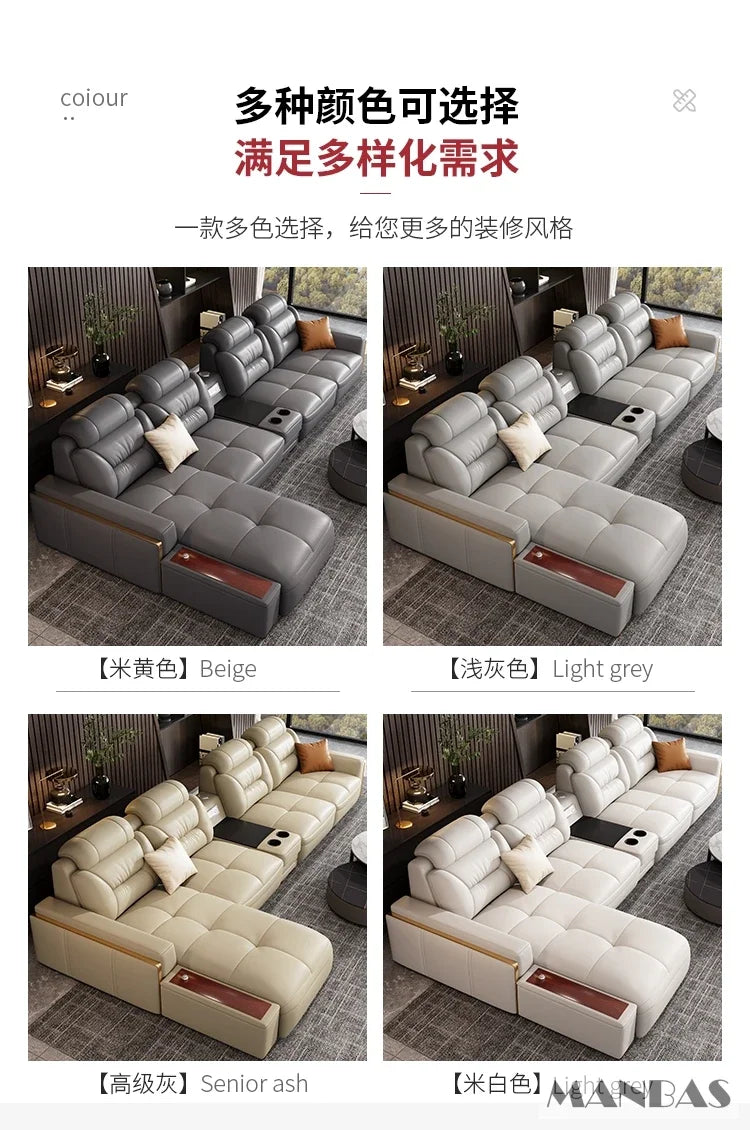 Premium italienische Echtleder-Ecksofas Sofagarnituren mit USB und Bluetooth Lautsprecher – MANBAS Wohnzimmermöbel