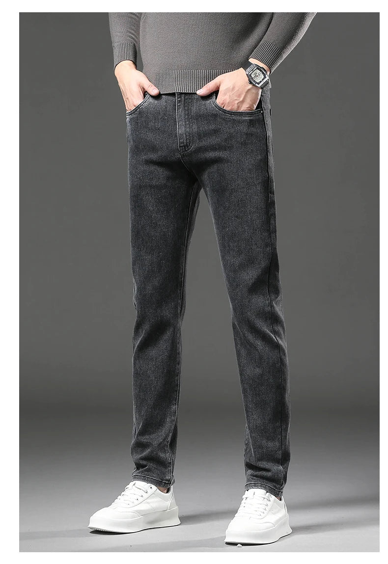 Winter Fleece Dicke Warme Jeans Herren Slim Straight Elastische Denim-Hose Lässige Herrenbekleidung Mode Plüschhose