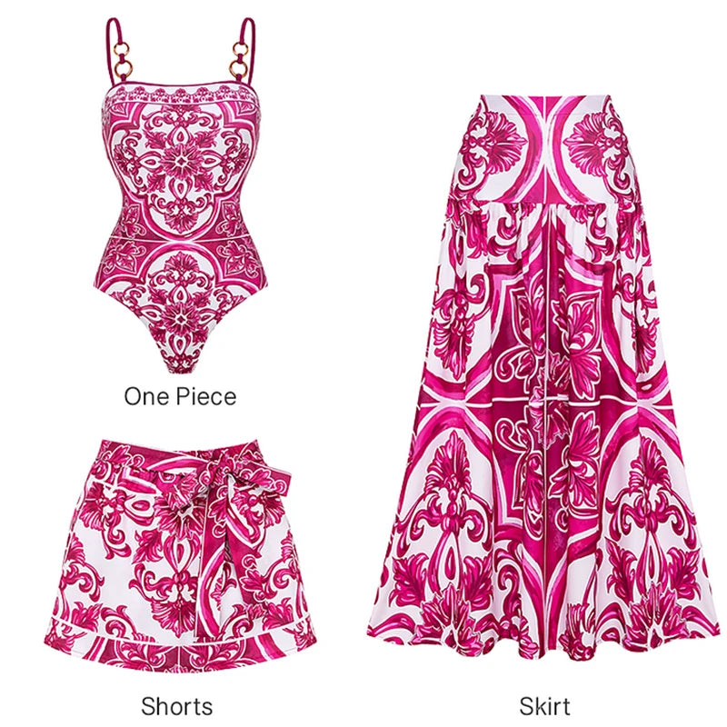 Flaxmaker Long Sleeves Majolica Series Pattern Print One Piece Swimsuit Biquini Beachwear Women Sexy Bikini Sets Swimsuit
