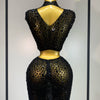 Luxury Rhinestone Mesh See Through Celebrate Birthday Dress Sparkly Top Short Skirt Two Pieces Sets Performance Stage Costume