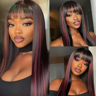 Brasilianische Echthaar-Glattperücken für Frauen, Ombré, klebstofffrei, mit Pony, 180 % Dichte, burgunderfarbenes Haar, lange Perücken Allure
