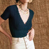 Damen V-Ausschnitt gestricktes Häkel-T-Shirt mit