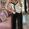 Spring Summer Sleeveless Suit Fashion Print Two Piece Sets Women Sexy V-neck Button Metal Sling Top & Wide Leg Pants Outfits