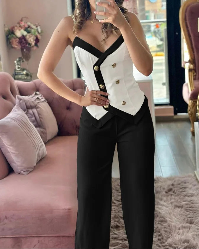 Spring Summer Sleeveless Suit Fashion Print Two Piece Sets Women Sexy V-neck Button Metal Sling Top & Wide Leg Pants Outfits