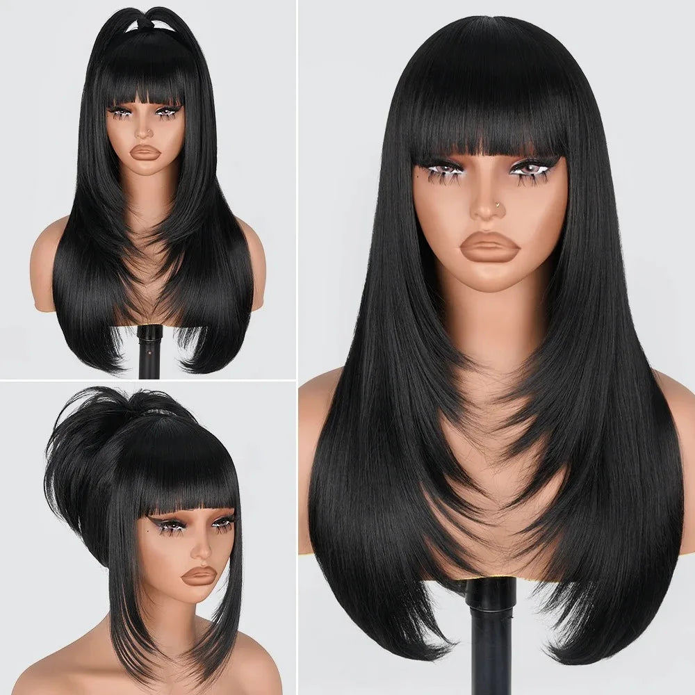 99J Burgundy Red Layered Lace Front Wig With Bangs Bone Straight Synthetic Lace Frontal Wigs 13x4 HD Glueless PrePlucked Cosplay