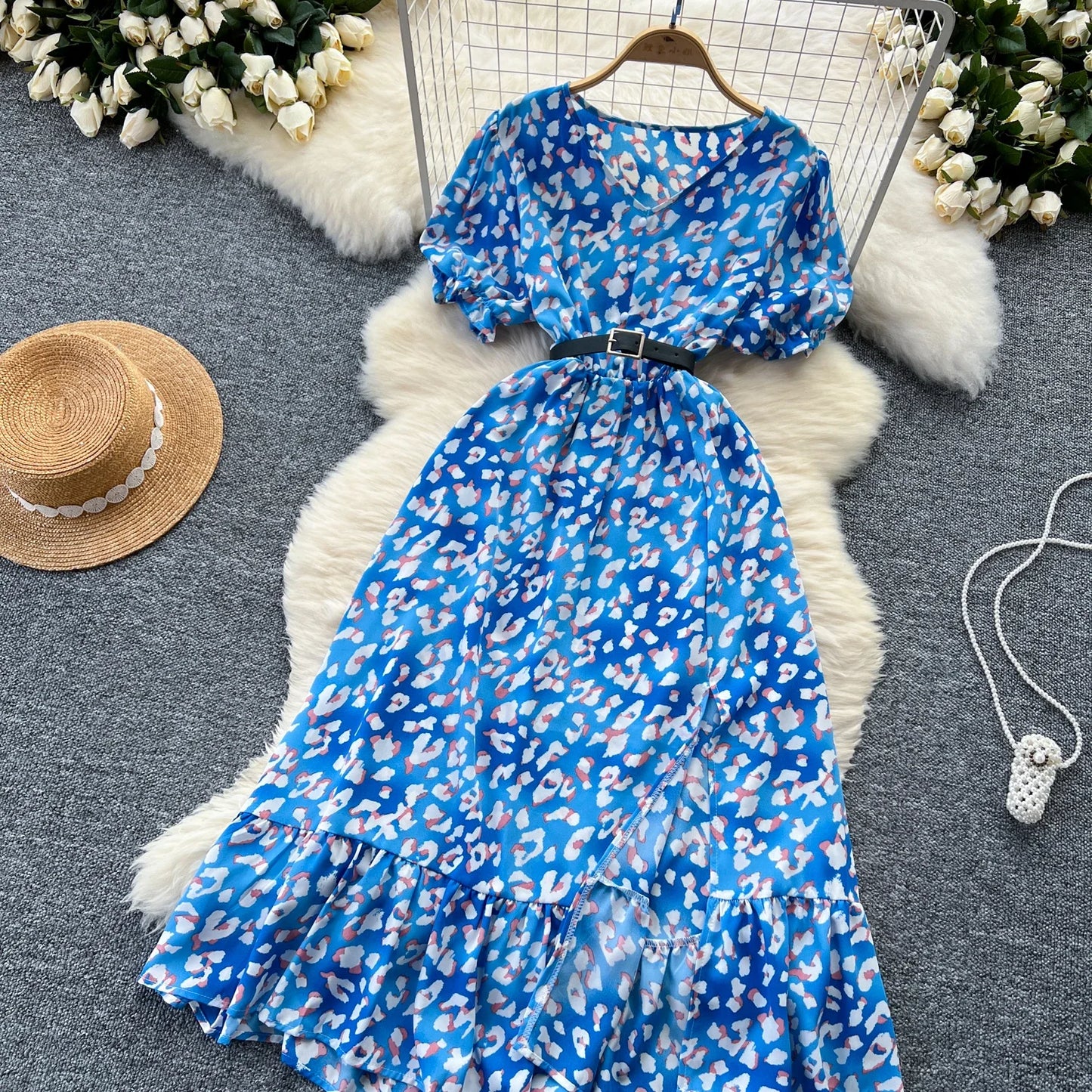 Sommer Plissiert Damen Knopfkleider Lässige Strandurlaub Kurzarm V-Ausschnitt Damen Midikleid Böhmische Mujer Vestidos
