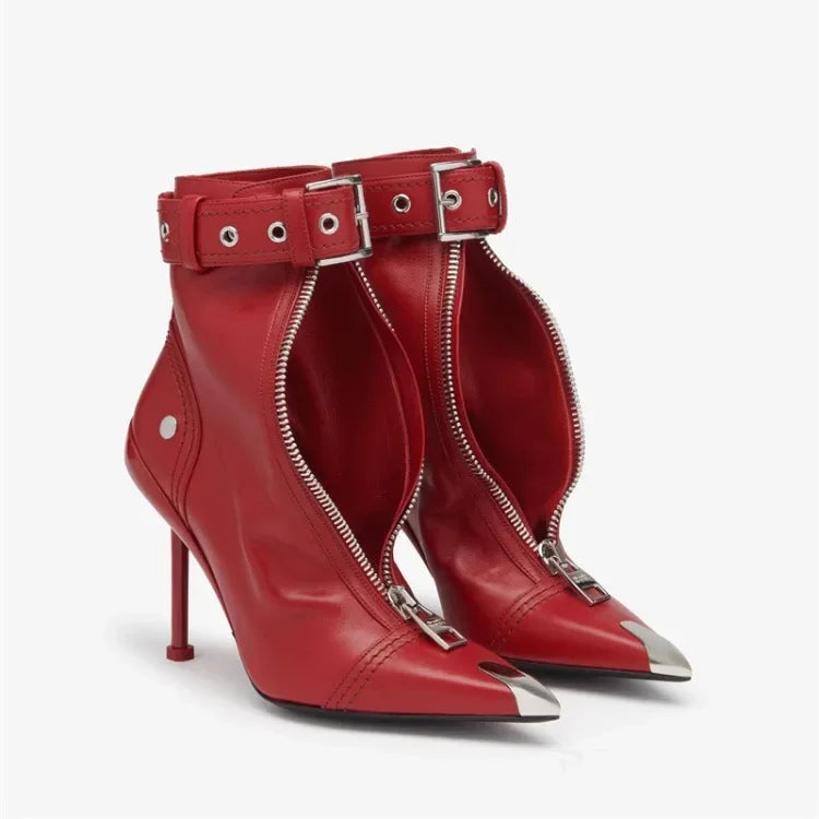 Gürtelschnalle Reißverschluss vorne Modenschau Stiefeletten Damen Herbst Winter Neu Spitz Metallverzierung Rote High Heels Ankle Boots