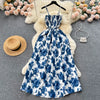 2024 New Summer Korean Fashion Rose Flower Print Romantic Retro Party Dress Elastic High Waist Vacation Long Dress Beach Vestido