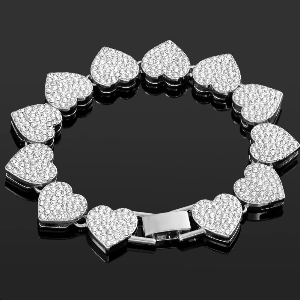 Iced Out Pink Cuban Armband für Frauen Hip Hop Gold Silber Farbe Kristall Herz Kreis Quadrat Armband 4Pcs Set Schmuck Geschenk