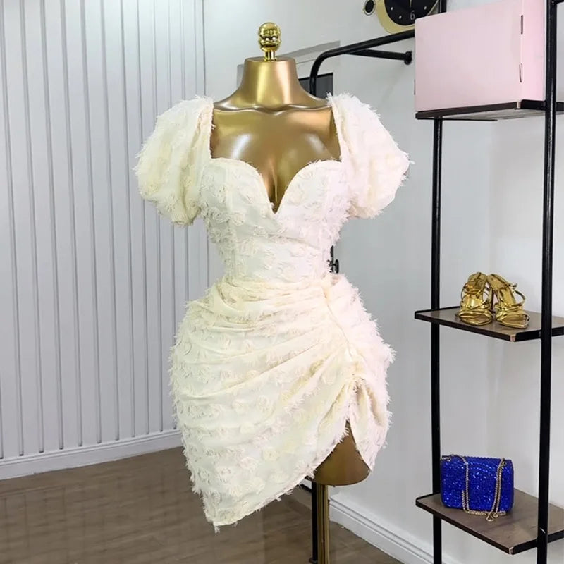 CM.YAYA Summer Women Lantern Short Sleeve Side Split Ruched Midi Mini Dress 2025 Fashion Sexy Night Club Party Dresses Vestidos