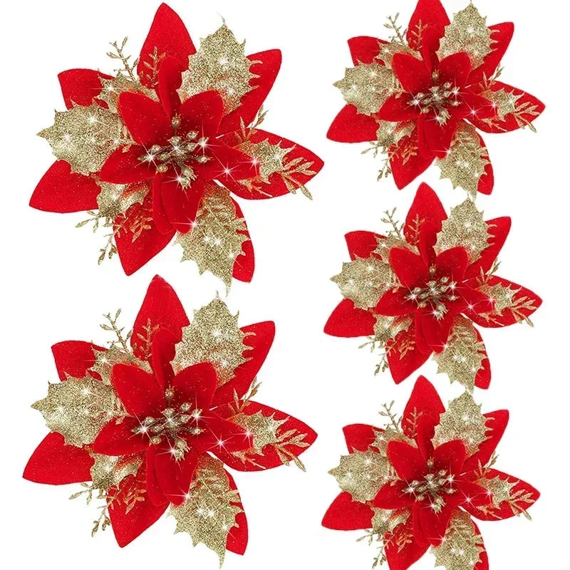 5 Stück 14,5 cm Glitzer künstliche Weihnachtsblumen fröhliche Weihnachtsbaumdekoration Neujahrsornamente gefälschte Blumen Weihnachten Natal