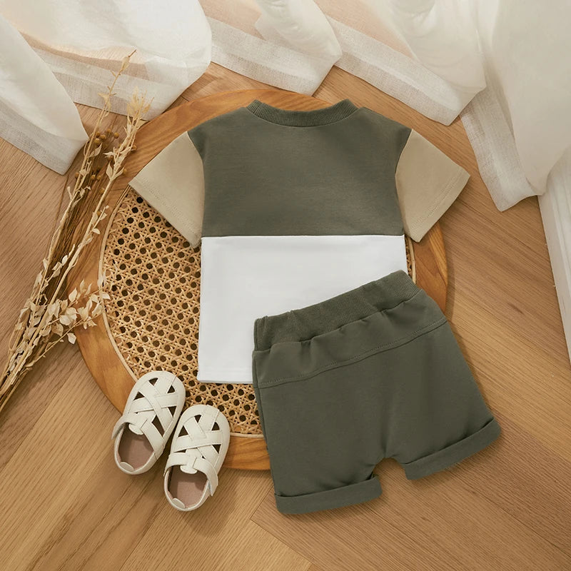 Fashion Summer Baby Boys Clothes Set Short Sleeve Pocket Contrast Color T-shirt + Elastic Waist Shorts 2PCS Kids infant Outfits