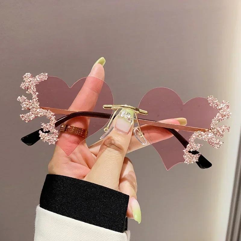 Randlose Sonnenbrille Damen Luxusmarke Strass Sonnenbrille Damen Niedliche Herzform Punk Party Brille очки від сонця женские