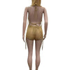Joskaa Sequins Knit Beach 3 Piece Sets Women Sexy Backless Halter Irregular Top+Head Scarf+Shorts Matching Set Vacation Outfits