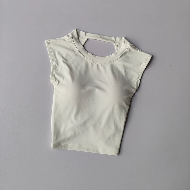 Sexy Kurzes Rückenfreies Sport-T-Shirt mit festem Brustpolster Damen Eng Anliegendes Schnell Trocknendes Schlankmachendes Yoga-Top