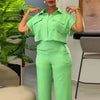 Women's Two Piece Sets Spring Summer Casual Solid Turn-down Neck Short Sleeve Loose Top & Wide Leg Pants Set  Streetwear Outfits