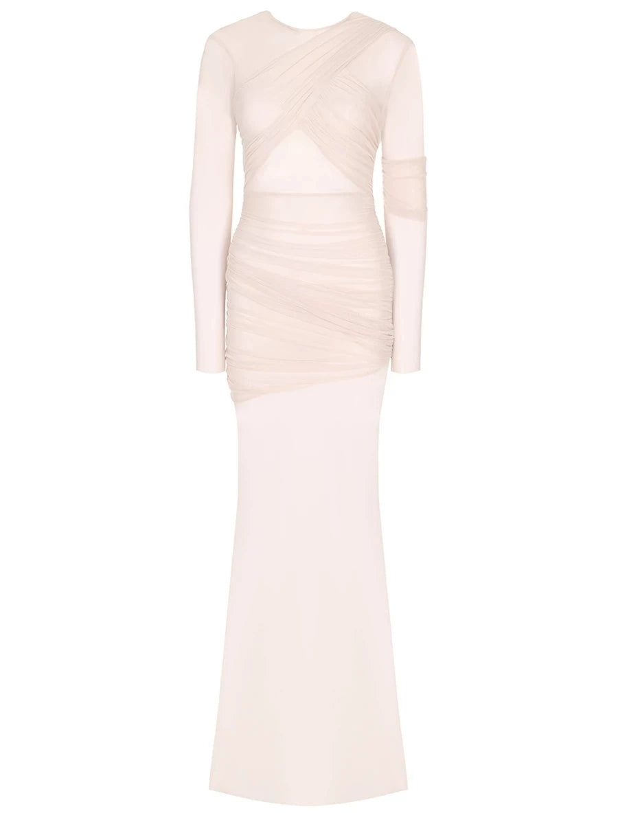 Articat Elegantes Mesh-Patchwork Langarm-Bodycon Party Club Abendkleid Sexy Doppellagiges Perspektivkleid Herbstkleidung