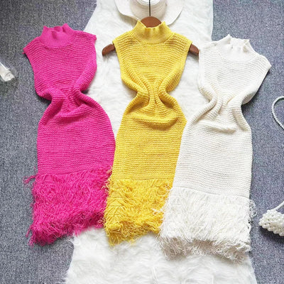 Fashion Tassel Knitted Short Sundress Women Sleeveless Stand Neck Elastic Bodycon Dress Beach Streetwear Bodycon Mini Dress
