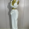 Women Sexy White Flowers V-Neck Tops Bodycon Long Dress Two Pieces Set Eveing Party Prom Gown Nightclub Celebrate Birthday Dress