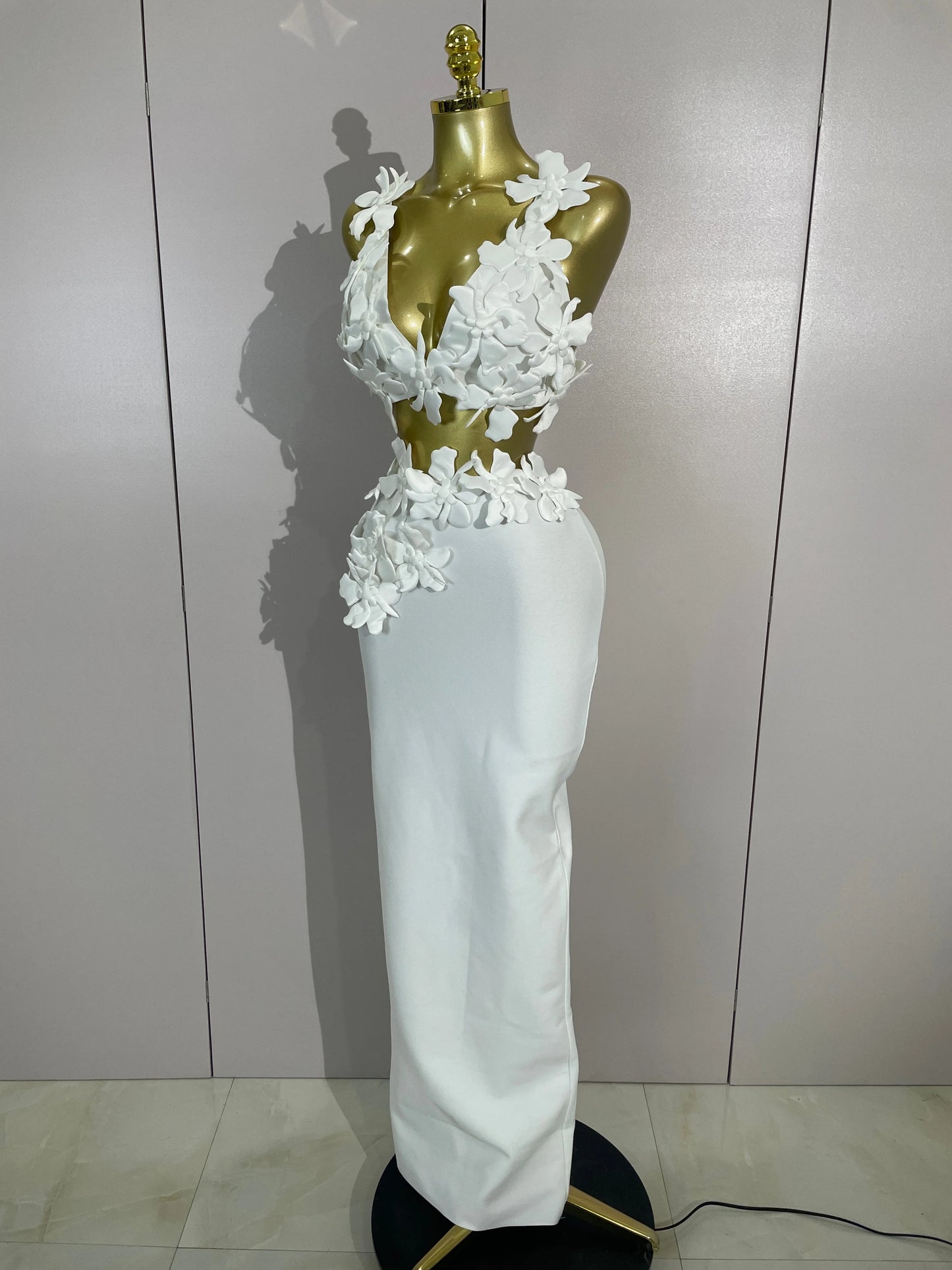 Women Sexy White Flowers V-Neck Tops Bodycon Long Dress Two Pieces Set Eveing Party Prom Gown Nightclub Celebrate Birthday Dress