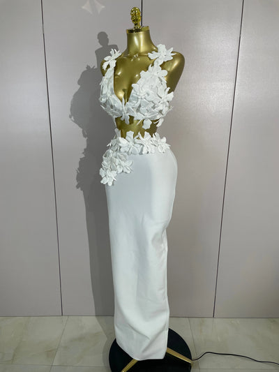 Women Sexy White Flowers V-Neck Tops Bodycon Long Dress Two Pieces Set Eveing Party Prom Gown Nightclub Celebrate Birthday Dress