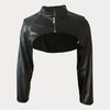 Chic Women's Faux Leather Jacket - Sexy Zip-Up Crop Top with Stand Collar, Long Sleeve, Solid Color -  PU Leather Jacket