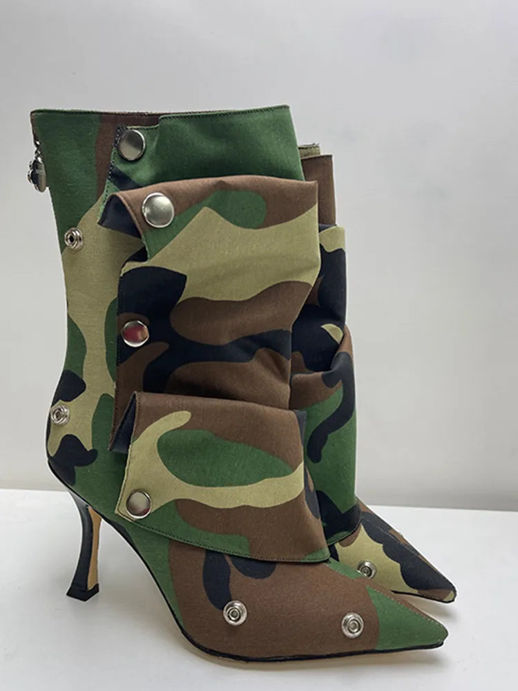 2025 Klassische Damenstiefel mit spitzer Zehe, ausgefallenen Absätzen, Nietenknopf und seitlichem Reißverschluss, einfarbig, hochhackige Schuhe, Botas Altas