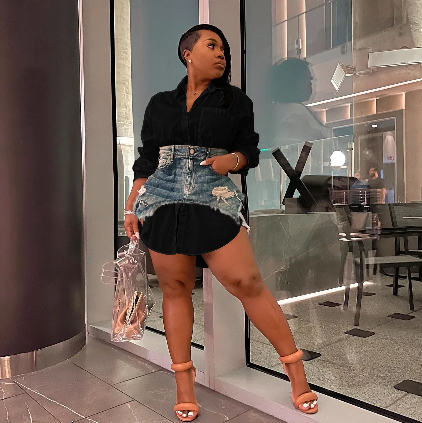 Denim 2 Piece Sets Women Shirt Skirt Suit Hole Single Breasted Turn Down Collar Pocket Splicing Outfits 2025 Skirts Ensemble