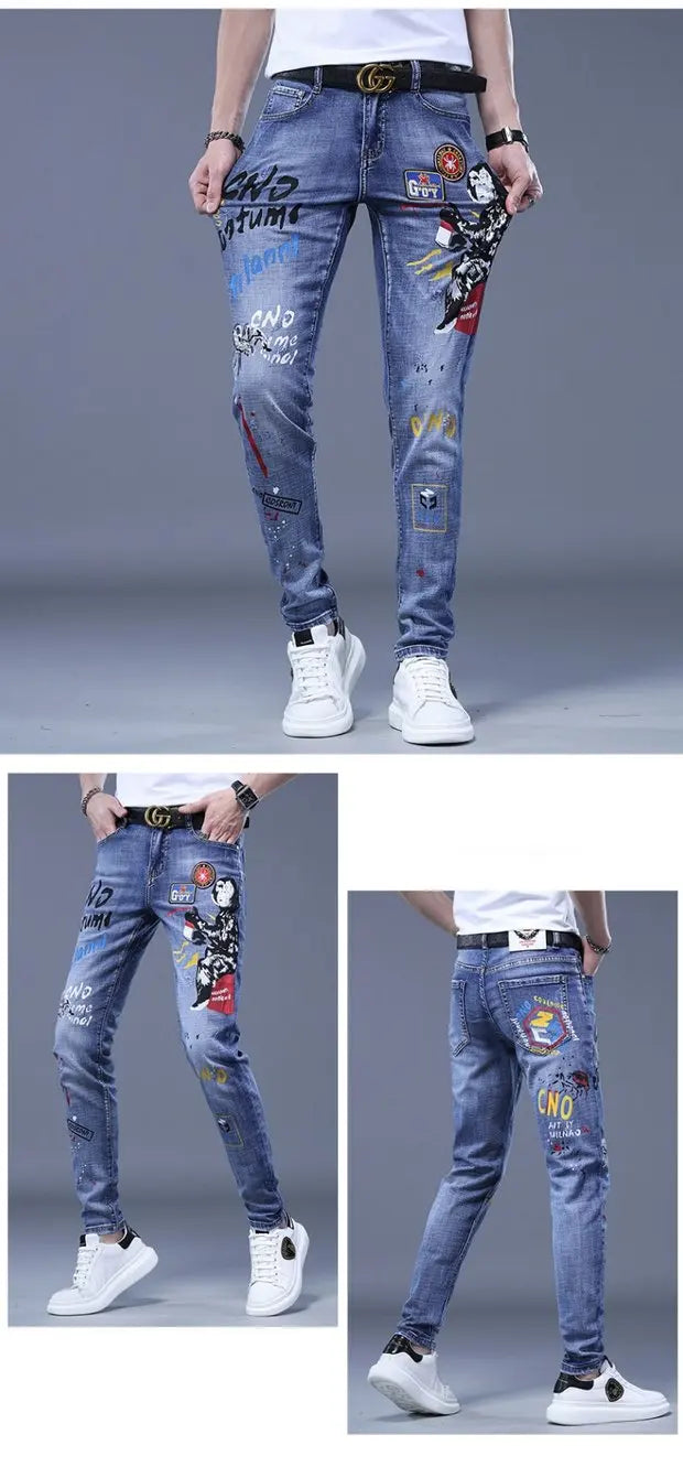 Fashion Printed Jeans Men's Korean Brand Embroidery Badge Pattern Youth Ripped Small Feet Teenagers Cowboy Pencil Pants