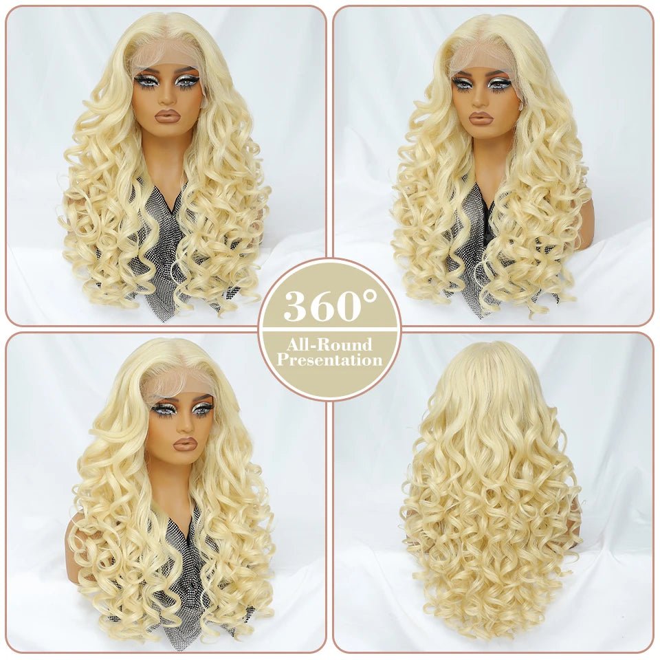 Latisha 13X6 HD Synthetische Spitzenfrontperücke lockig vorgezupfte Lace-Frontal-Perücke mit Pony für Damen, Highlights mit Babyhaar, 24 Zoll