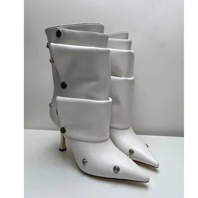 2025 Klassische Damenstiefel mit spitzer Zehe, ausgefallenen Absätzen, Nietenknopf und seitlichem Reißverschluss, einfarbig, hochhackige Schuhe, Botas Altas