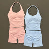 2 Pieces Sports Set Women Backless Halter Tops High Waist Seamless Hight Stretch Shorts Gym Suit Sportswear Workout Sets