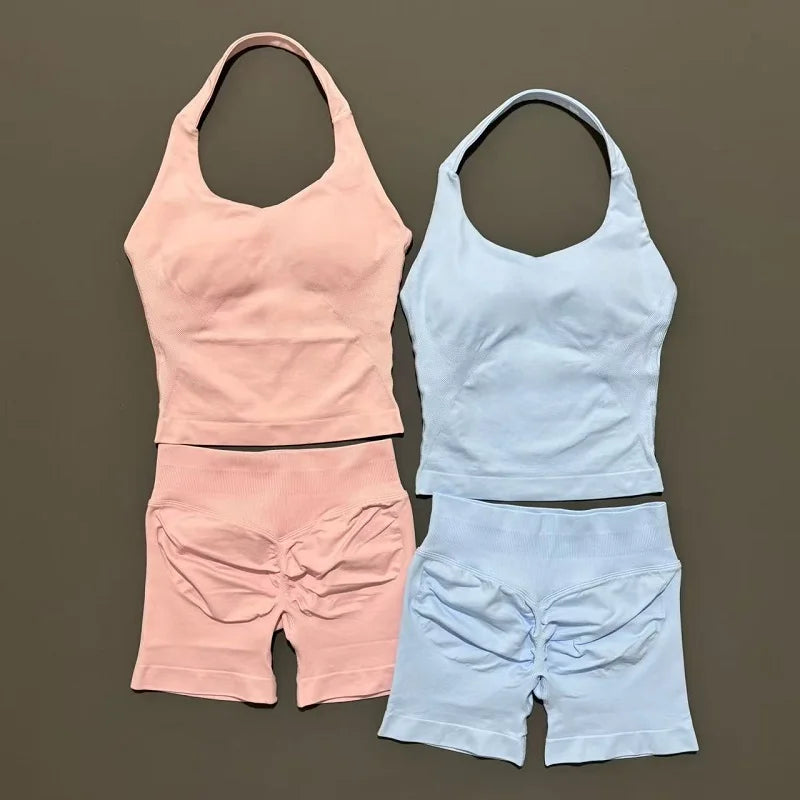 2 Pieces Sports Set Women Backless Halter Tops High Waist Seamless Hight Stretch Shorts Gym Suit Sportswear Workout Sets