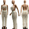 FAGADOER Sexy Hollow Out Tassels Pants Two Piece Sets Women Halter Sleeveless Backless Crop Top + Pants Outfit Female Streetwear