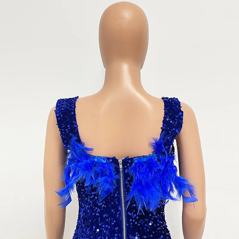 Damen Partykleid Ärmellos Glänzende Pailletten Feder Abendkleid Sexy schulterfrei rückenfrei Mini Formelle Ballkleider HXY8