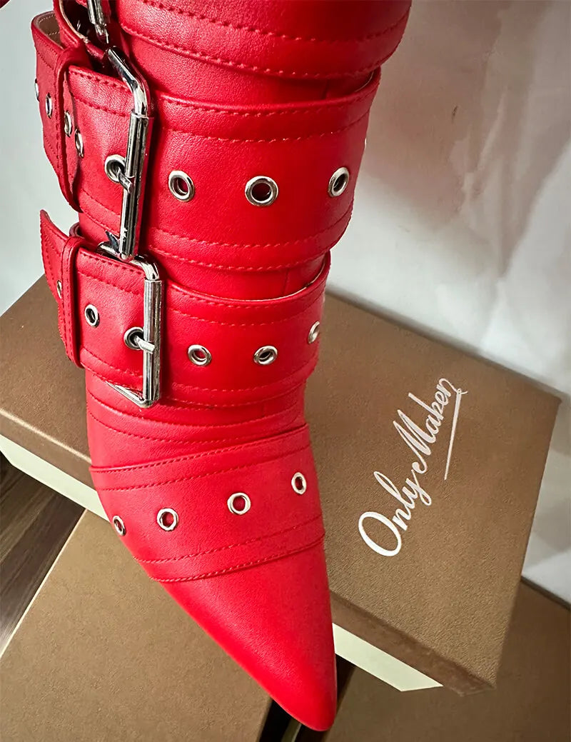 Onlymaker Women Pointed Toe Mid-Calf Boots Buckle Strap Thin High Heel Lady Zipper Female  Stiletto Boots